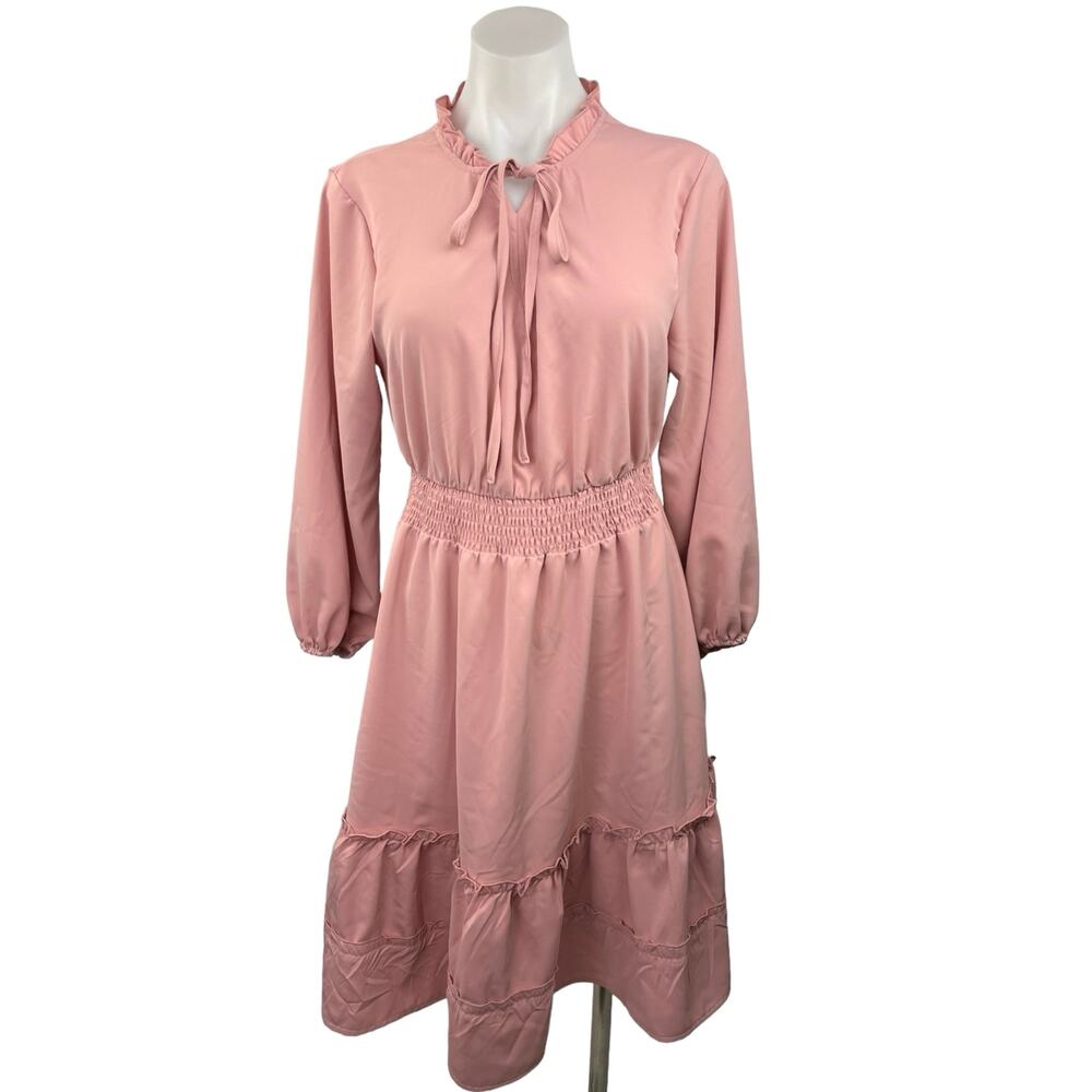 BROVAVE Pink Smocked Waist Ruffle Collar Tiered Peasant Midi A-Line Dress Size S